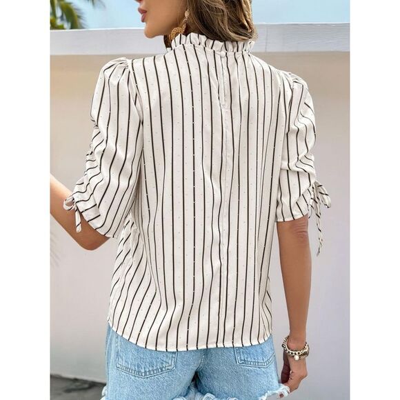 Everyday the Label Drawstring Striped Half Sleeve Blouse Women Cream Blouses & - Picture 6 of 8